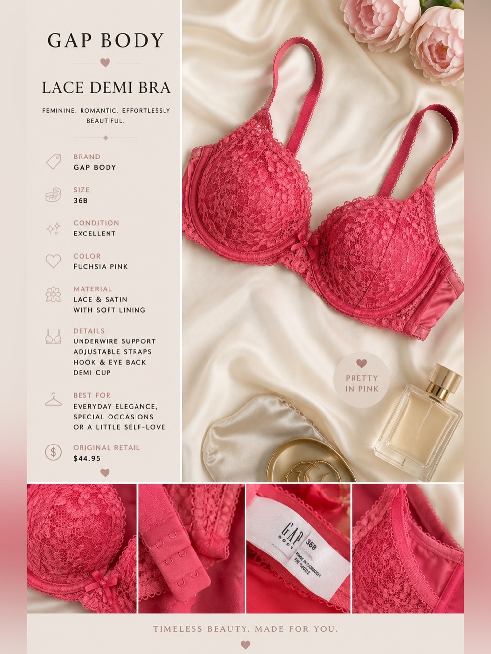 GAP Body Fuchsia Pink Lace Demi Bra - Underwire Support
